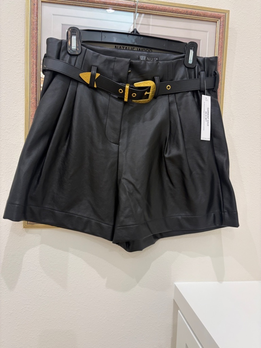 VENUS Black Faux Leather High-Rise Pleated Shorts with Gold Buckle Belt